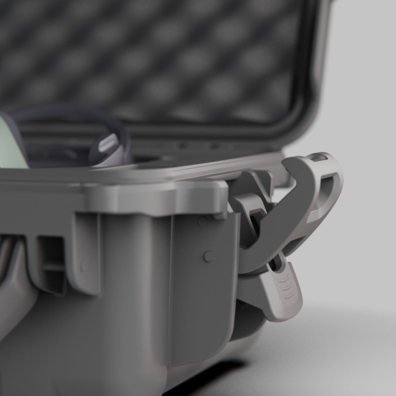 Nanuk custom case for rozvelt vektr showing the side claw of the premium box