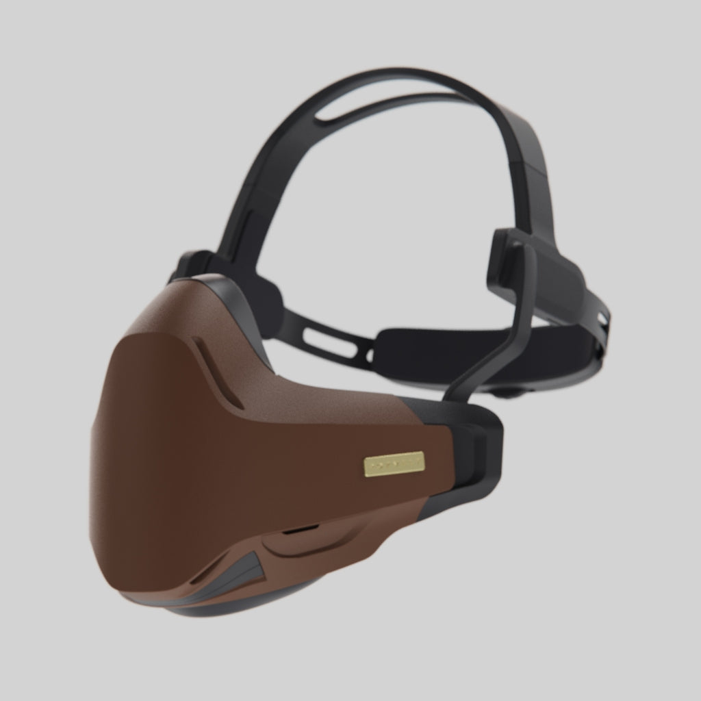 Rozvelt Vektr premium scent control device show brown shell for hunting in wildlife over a grey background great for bear hunting, moose hunting, wapiti hunting including the full magnetic headset