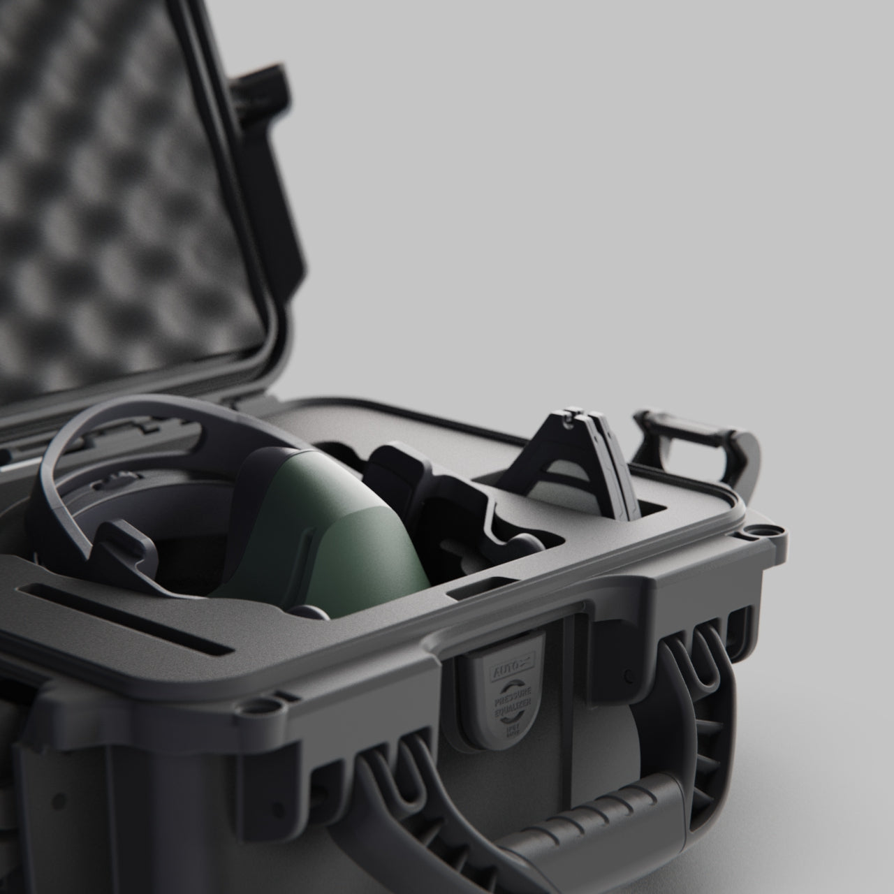 Rozvelt Vektr view with the add on nanuk 905 premium case with handle, open case on a grey background